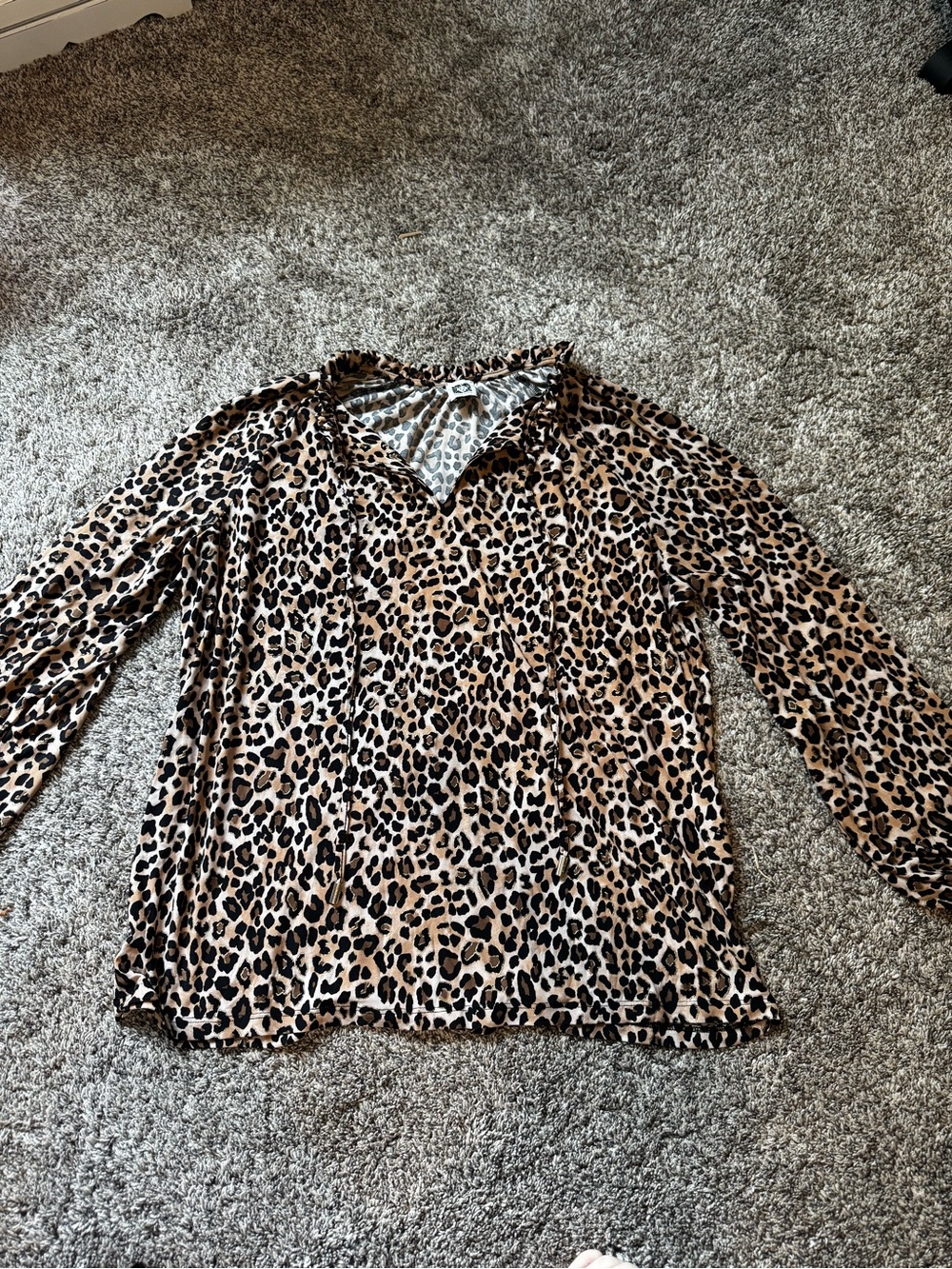 Anne Klein Leopard Print Long Sleeve V-Neck Top - Tan & Black